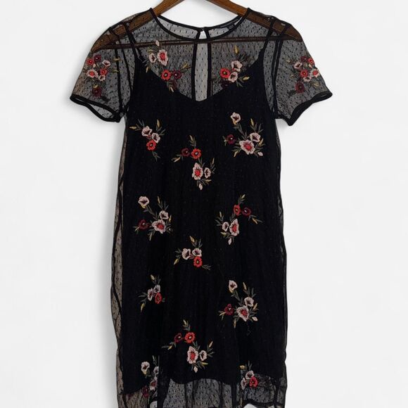 American Eagle Black Mesh Floral Mini Dress (Size SMALL) - Picture 2 of 8